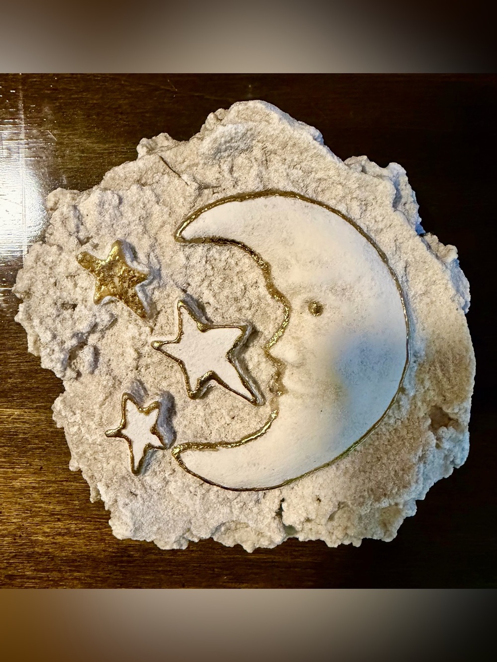 Handmade clay celestial-themed decorative plaque art piece